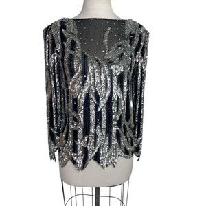 Elegant Vtg Black and Silver Sequin Top by Show Max Party silk long sleeve